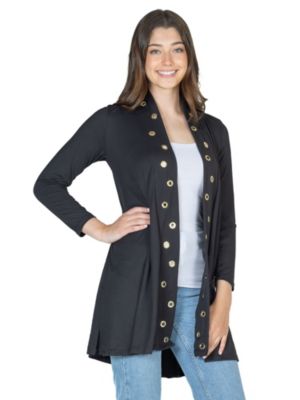 Long Sleeve Mid Thigh Open Front Cardigan with Grommet Details
