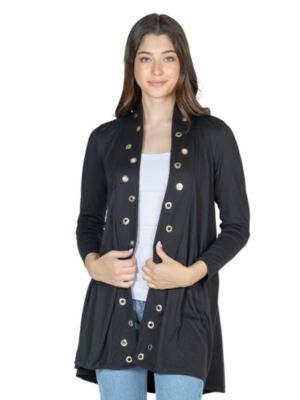 Long Sleeve Mid Thigh Open Front Cardigan with Grommet Details