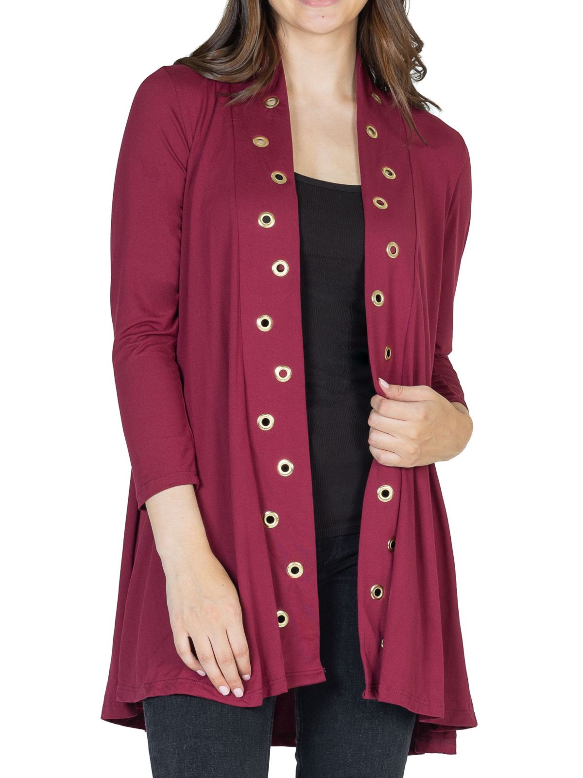 Long Sleeve Mid Thigh Open Front Cardigan with Grommet Details