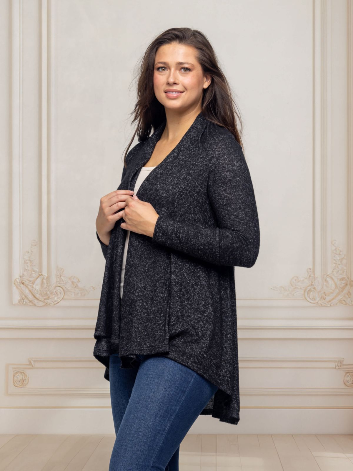 24seven Comfort Apparel Open Front Long Sleeve High Low Cozy Cardigan