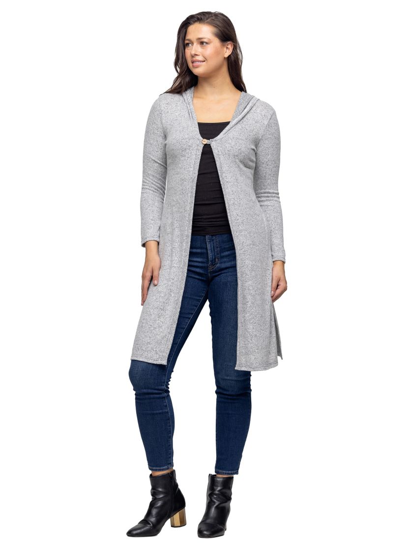 24seven Comfort Apparel Knee Length Long Sleeve Hooded Womens Cardigan Shrug