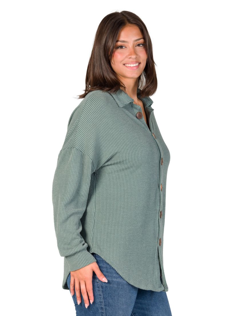24seven Comfort Apparel Ribbed Button Up Long Sleeve Collared Shirt Jacket