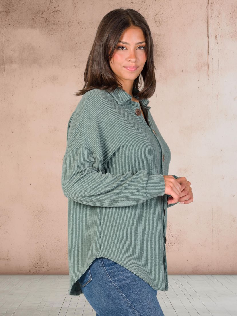 24seven Comfort Apparel Ribbed Button Up Long Sleeve Collared Shirt Jacket
