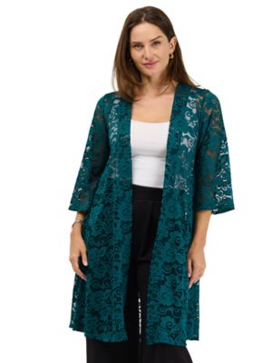 24seven Comfort Apparel Elevate Womens Lace Open Front Three-Quarter Sleeves Jacket
