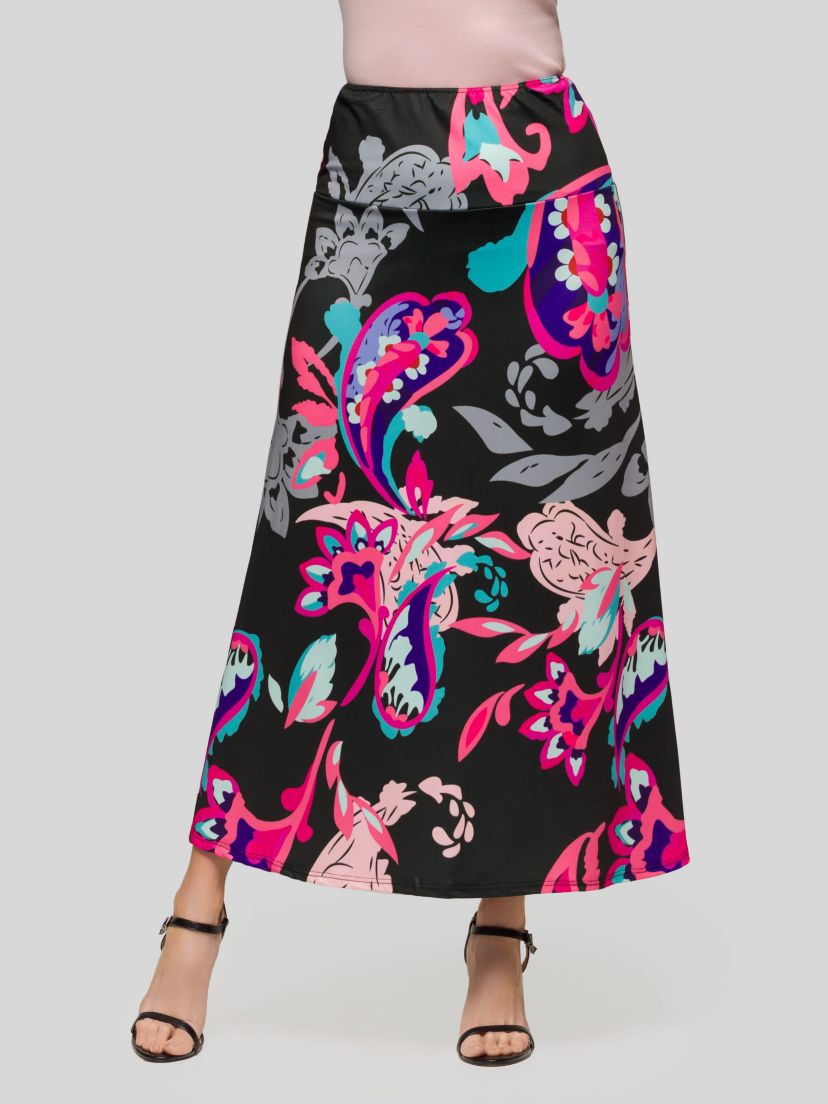 Womens Black and Pink Paisley Elastic Waist A Line Maxi Skirt