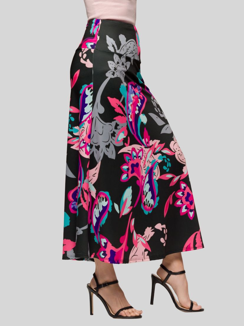 Womens Black and Pink Paisley Elastic Waist A Line Maxi Skirt