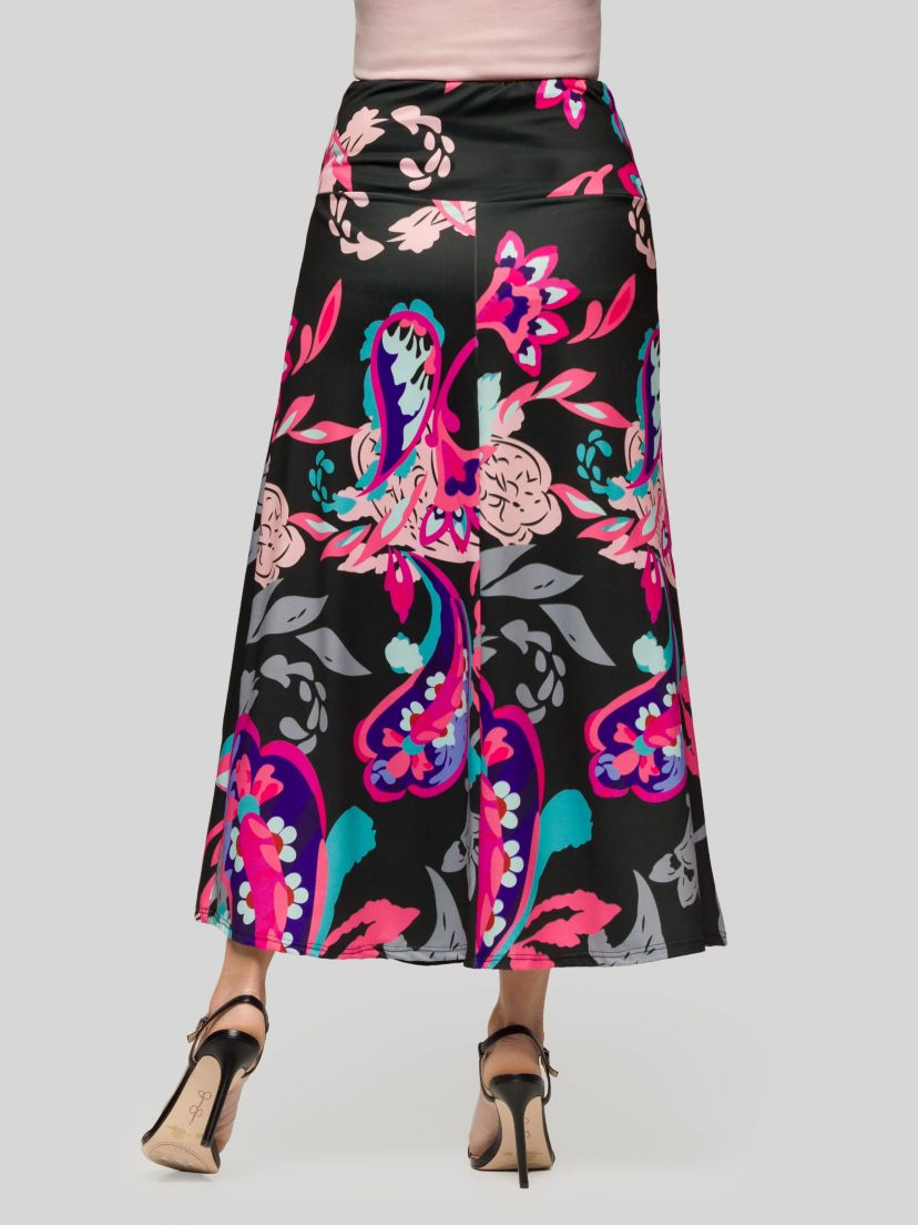 Womens Black and Pink Paisley Elastic Waist A Line Maxi Skirt