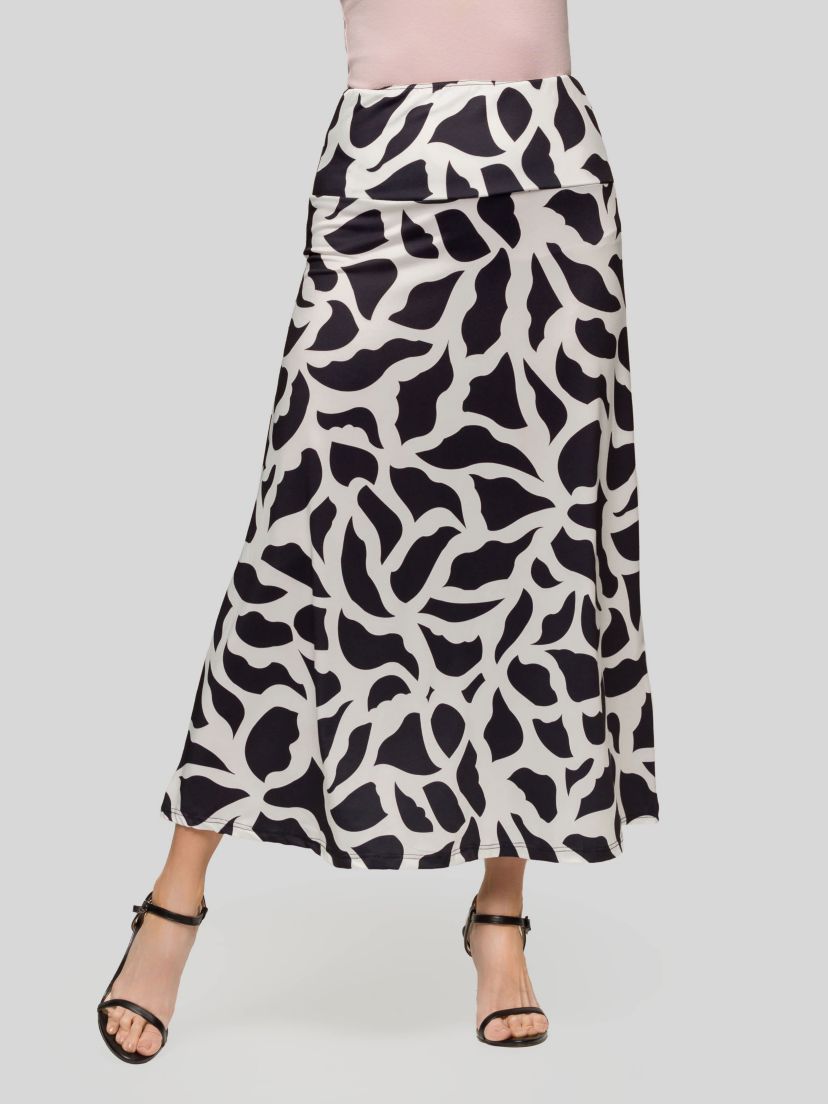 Womens Black and White Print Elastic Waist A Line Maxi Skirt