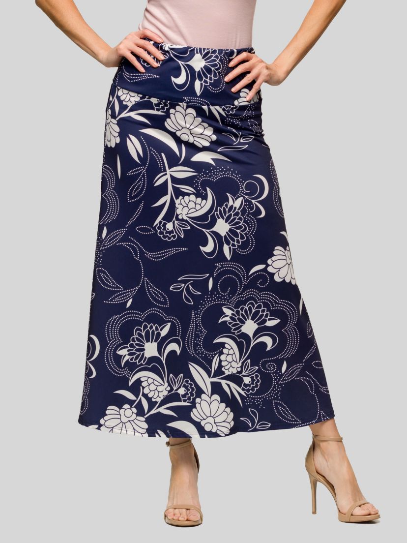 Womens Navy Floral Print Elastic Waist A Line Maxi Skirt