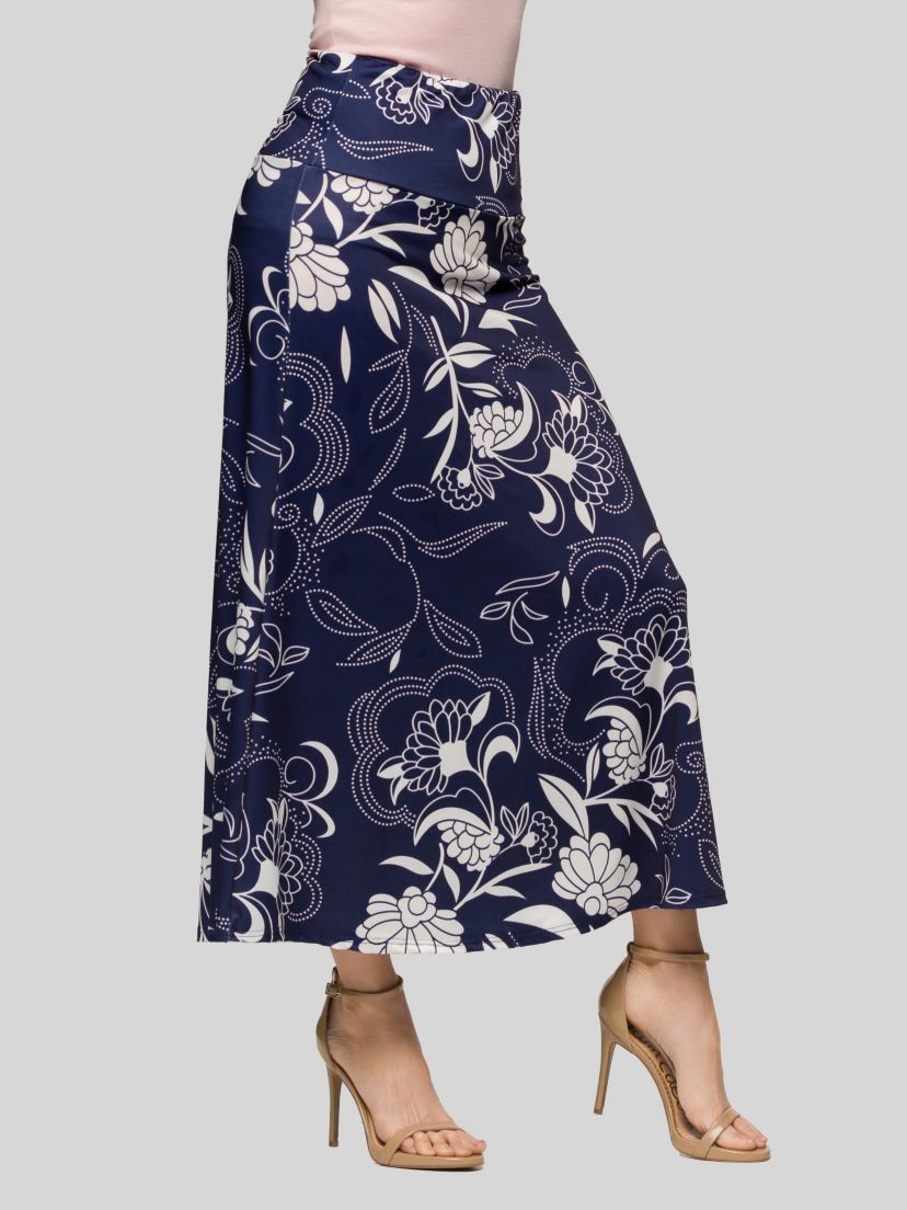 Womens Navy Floral Print Elastic Waist A Line Maxi Skirt