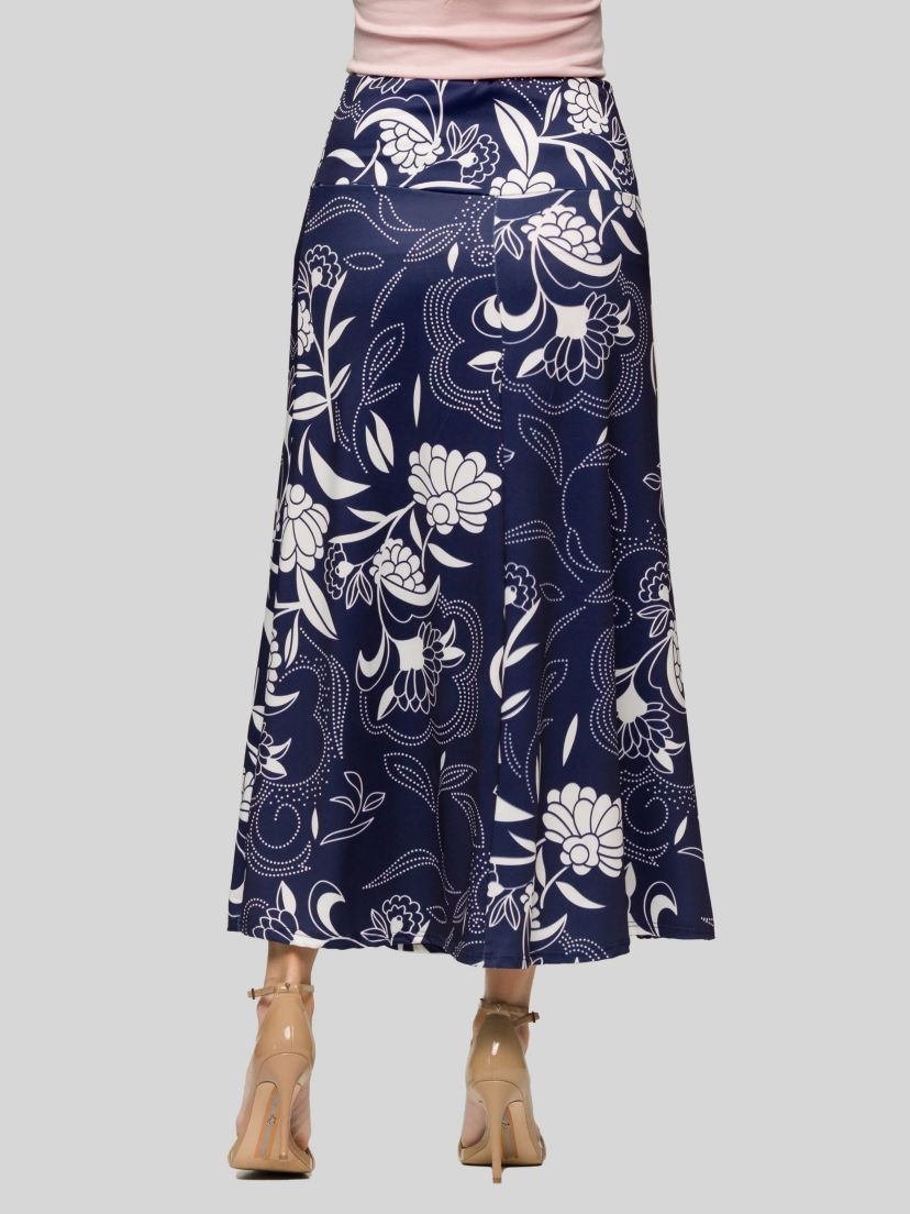 Womens Navy Floral Print Elastic Waist A Line Maxi Skirt
