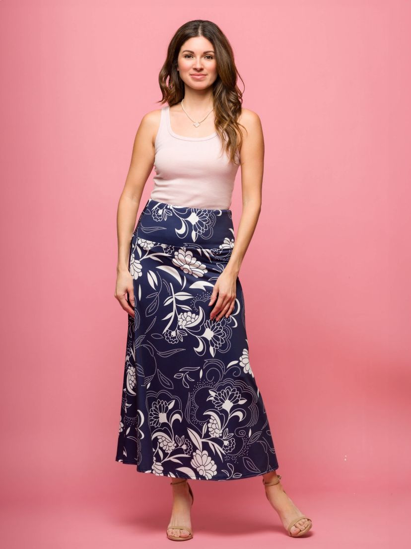Womens Navy Floral Print Elastic Waist A Line Maxi Skirt