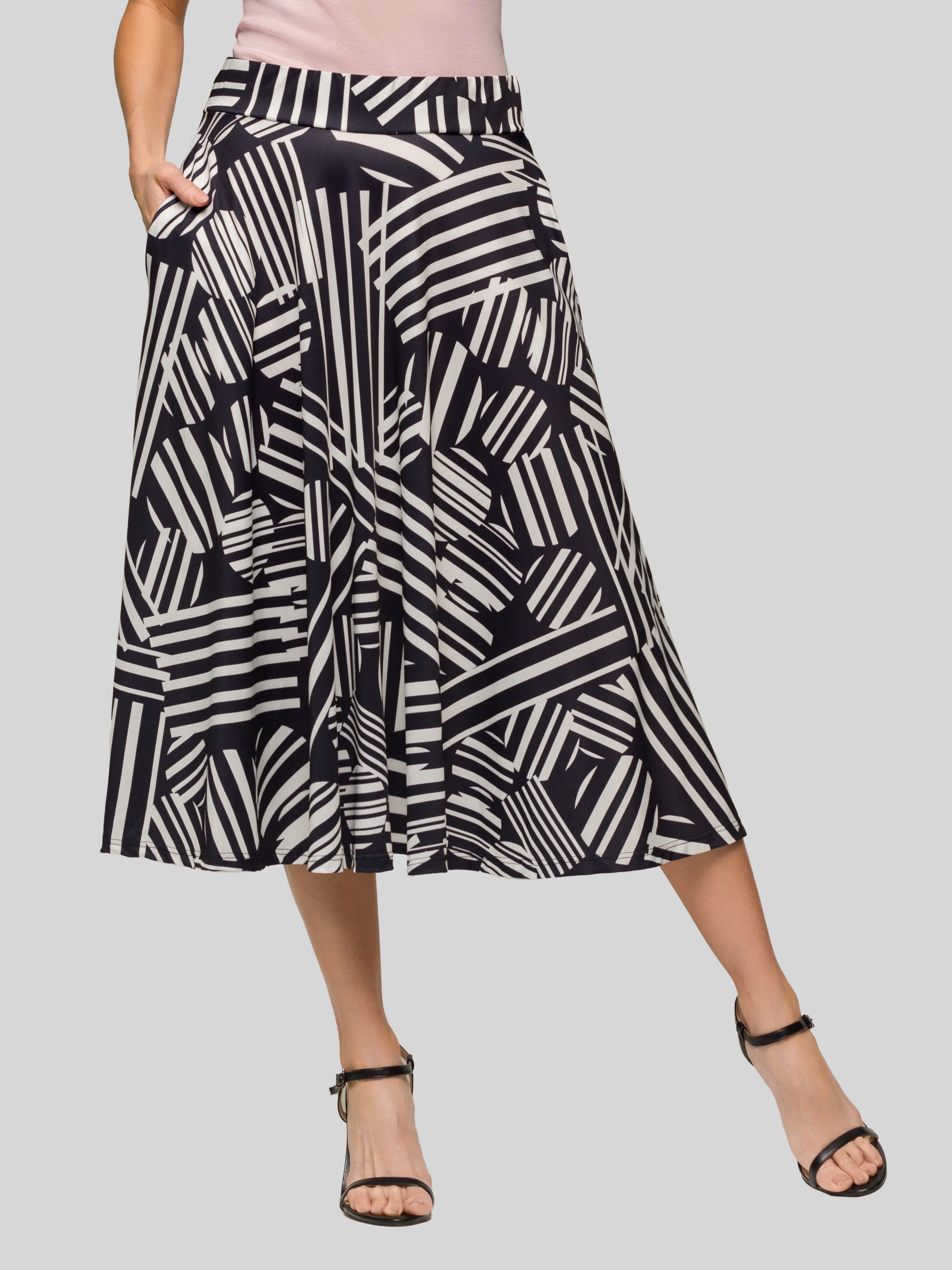 Womens Black Geometric Print Elastic Waist Pocket Midi Skirt