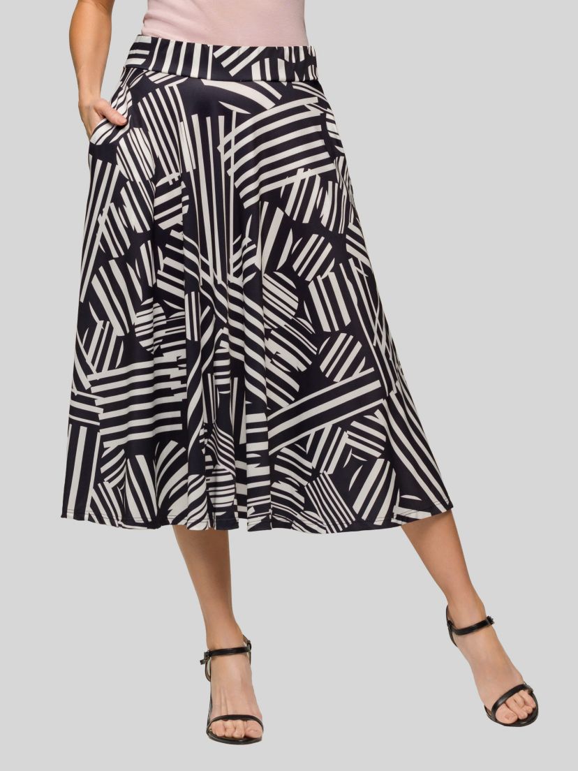 Womens Black Geometric Print Elastic Waist Pocket Midi Skirt