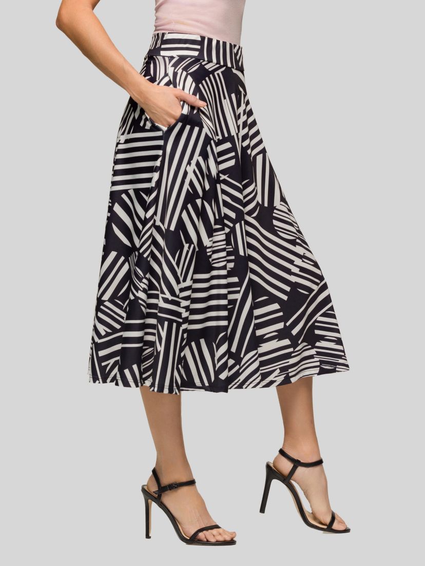 Womens Black Geometric Print Elastic Waist Pocket Midi Skirt