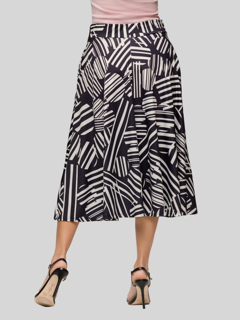 Womens Black Geometric Print Elastic Waist Pocket Midi Skirt