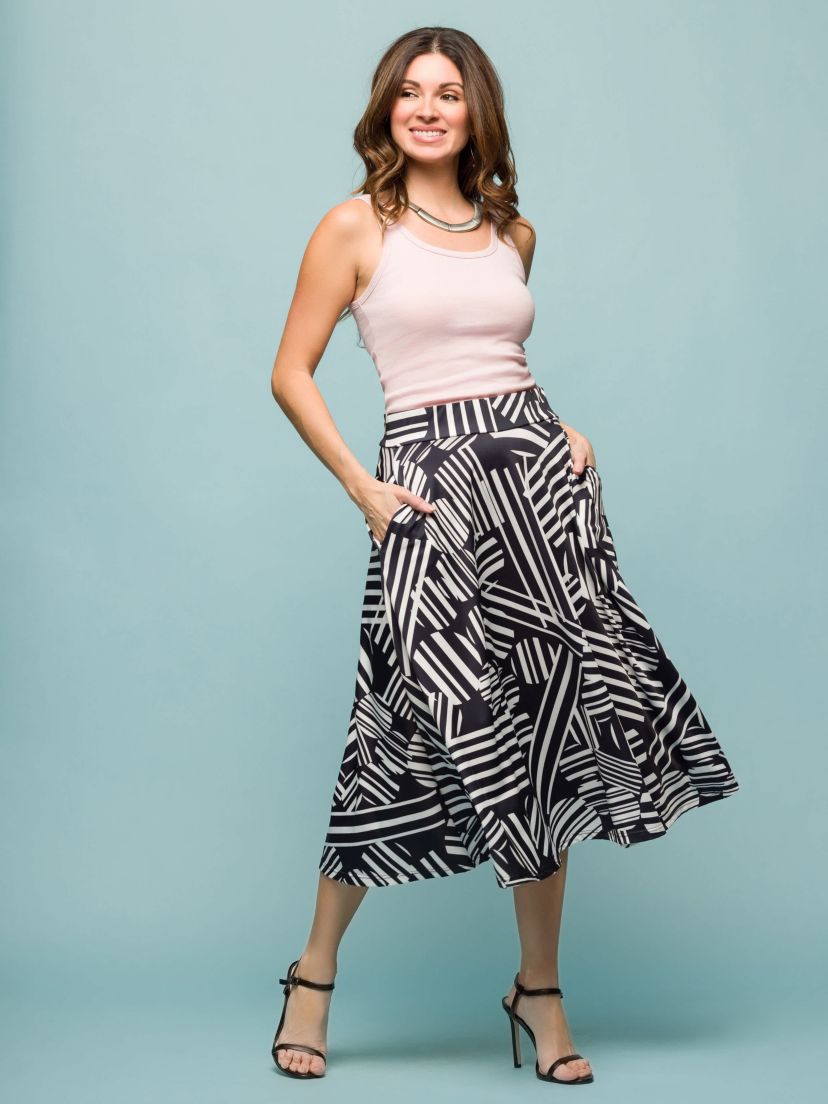 Womens Black Geometric Print Elastic Waist Pocket Midi Skirt