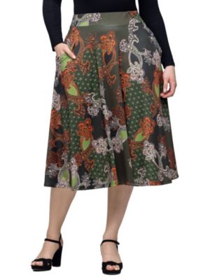 24seven Comfort Apparel Womens Green Print Elastic Waist Pocket Midi Skirt