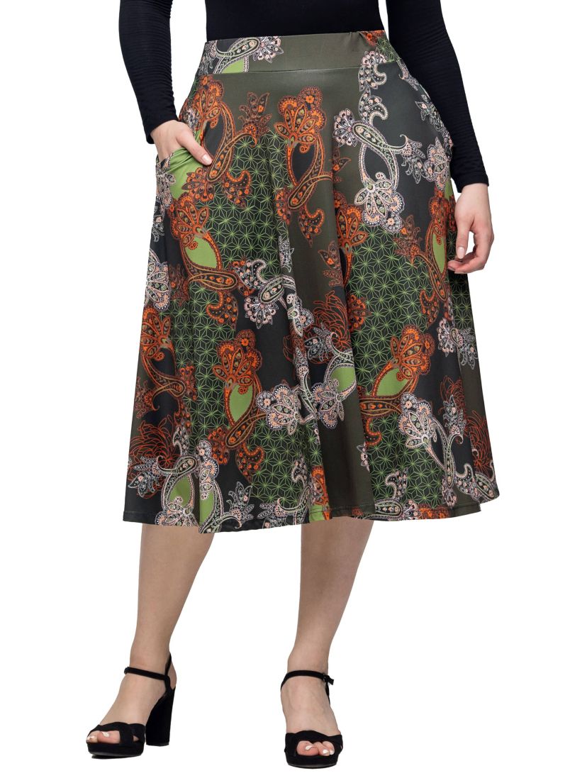 24seven Comfort Apparel Womens Green Print Elastic Waist Pocket Midi Skirt
