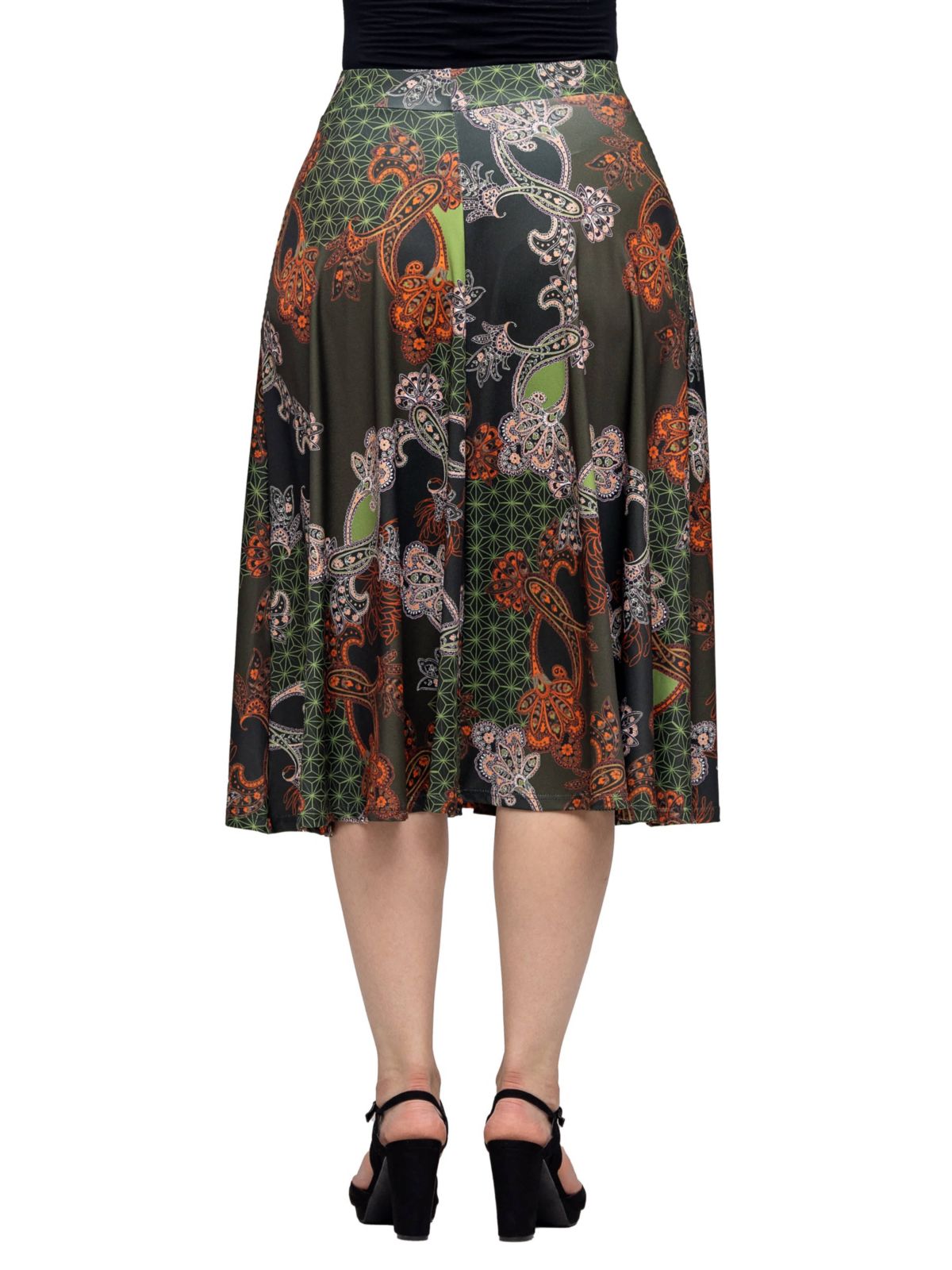 24seven Comfort Apparel Womens Green Print Elastic Waist Pocket Midi Skirt