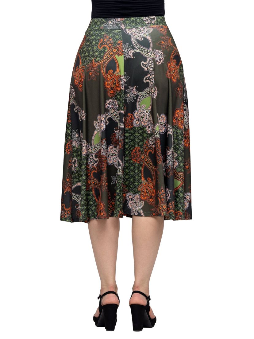 24seven Comfort Apparel Womens Green Print Elastic Waist Pocket Midi Skirt
