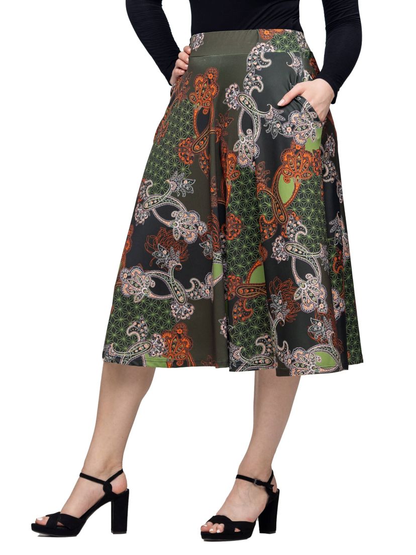 24seven Comfort Apparel Womens Green Print Elastic Waist Pocket Midi Skirt