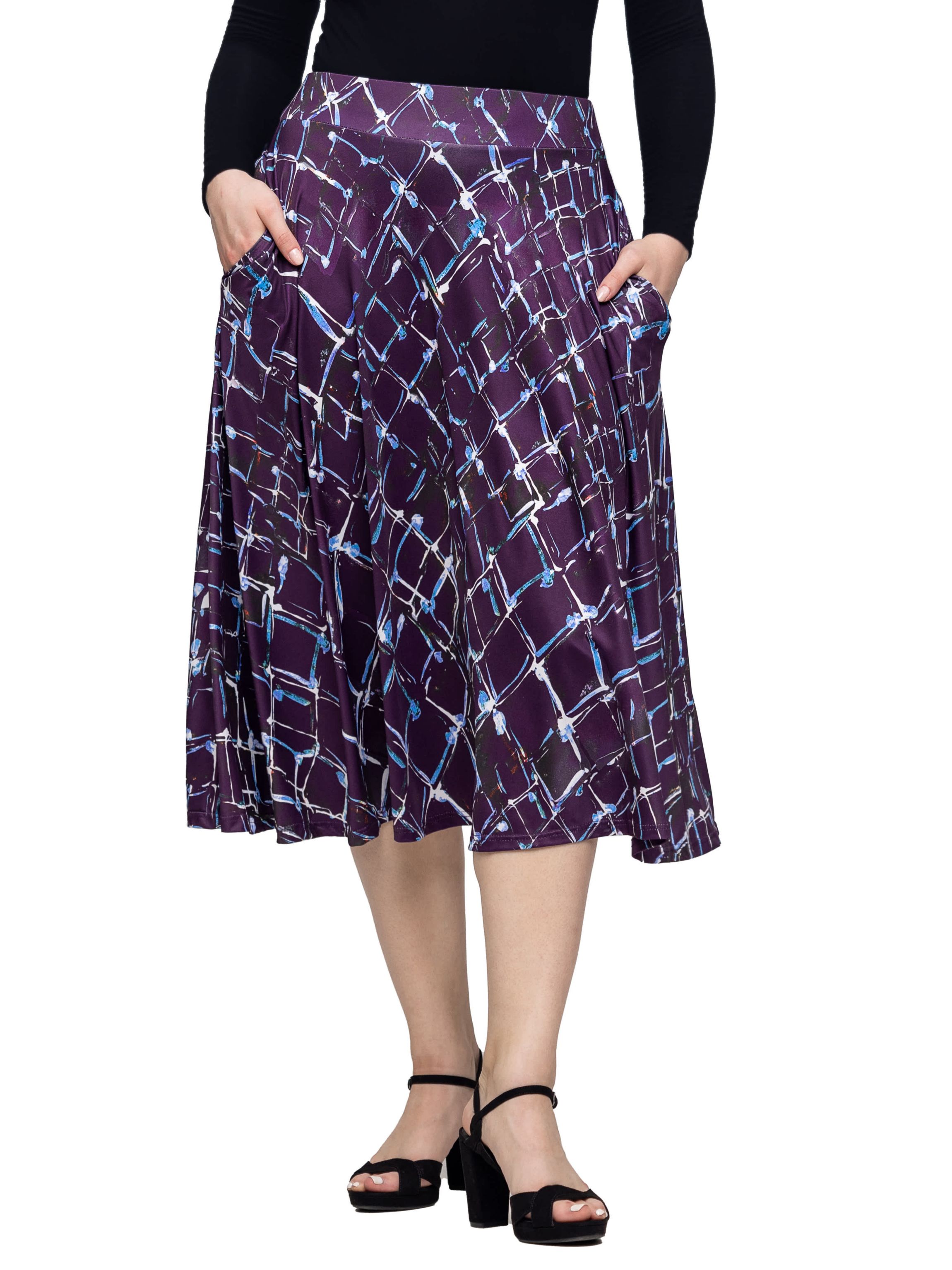 24seven Comfort Apparel Womens Purple Print Elastic Waist Pocket Midi Skirt