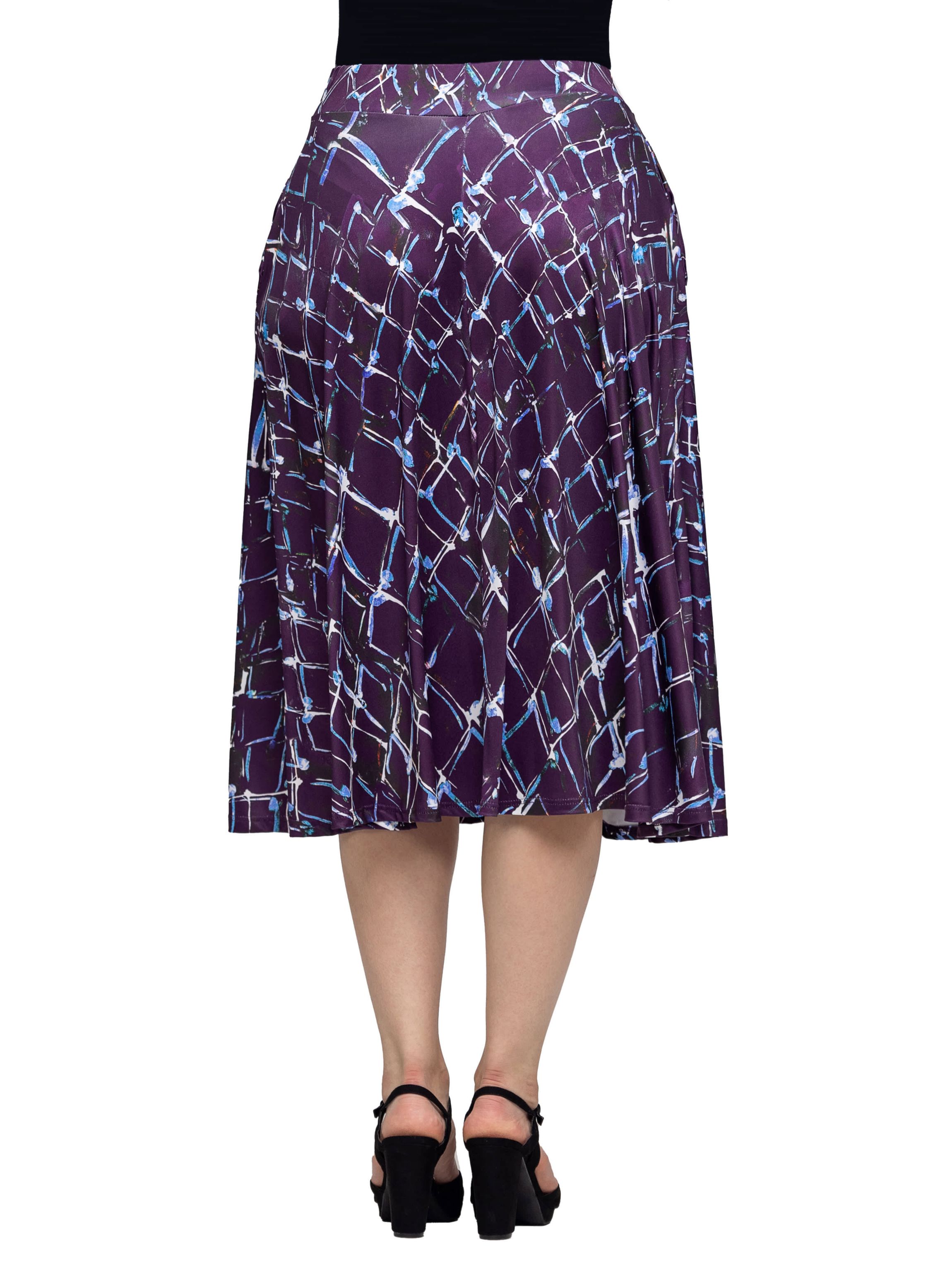 24seven Comfort Apparel Womens Purple Print Elastic Waist Pocket Midi Skirt