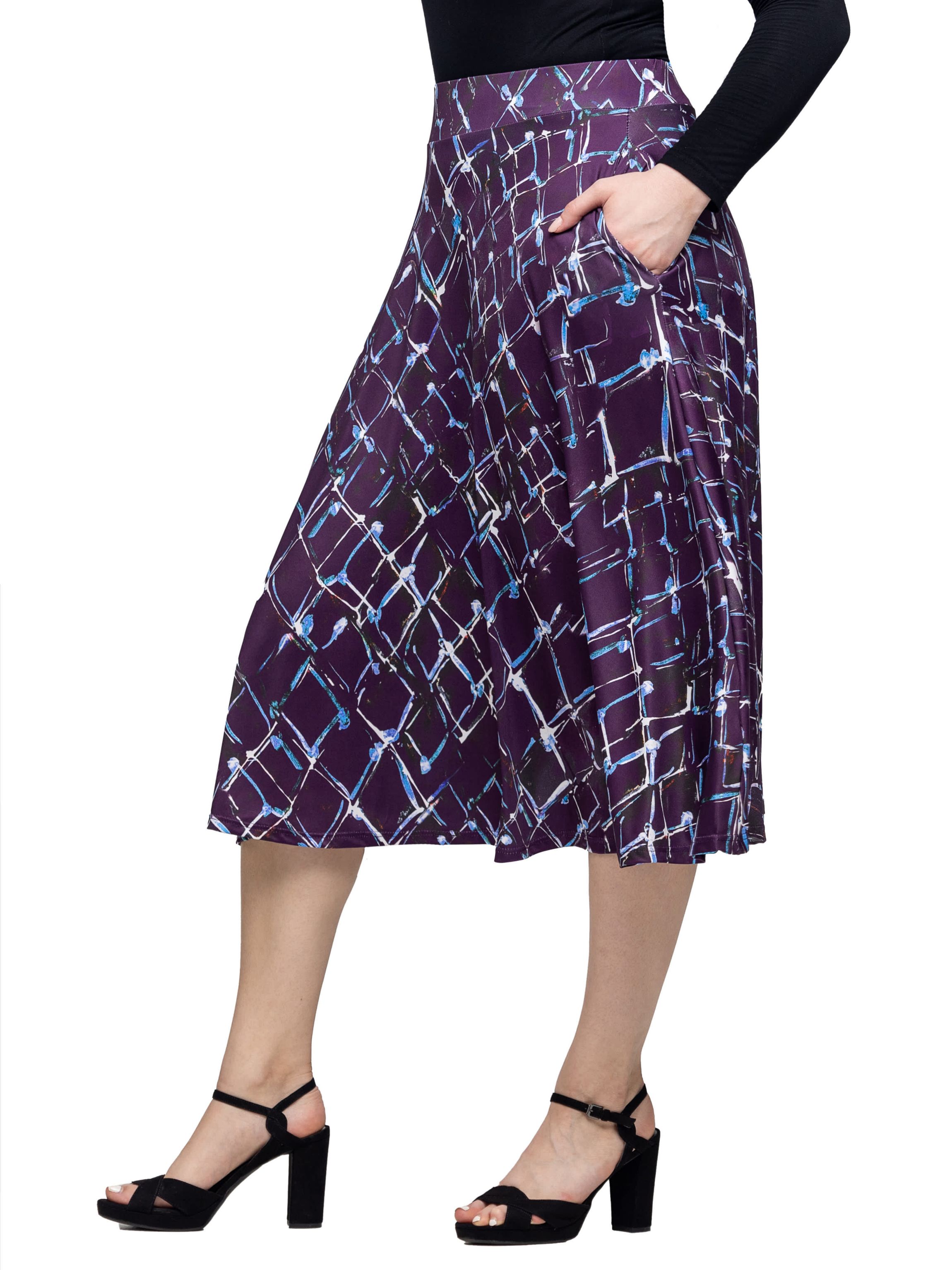 24seven Comfort Apparel Womens Purple Print Elastic Waist Pocket Midi Skirt