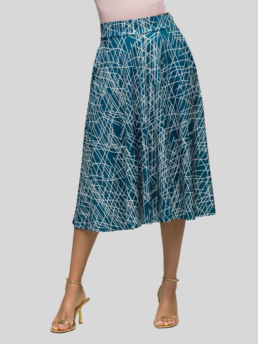 Womens Teal Geometric Print Elastic Waist Pocket Midi Skirt