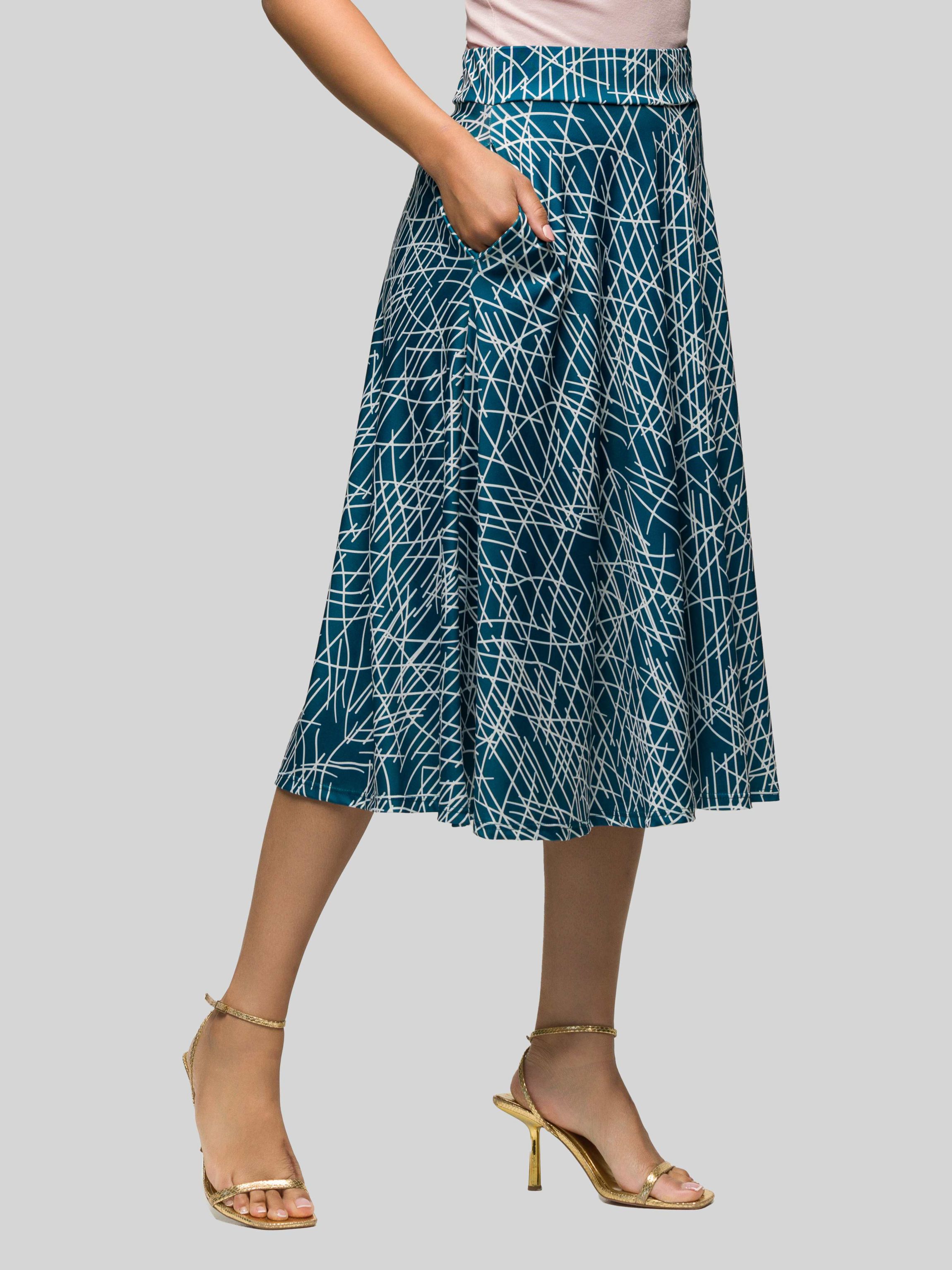 Womens Teal Geometric Print Elastic Waist Pocket Midi Skirt