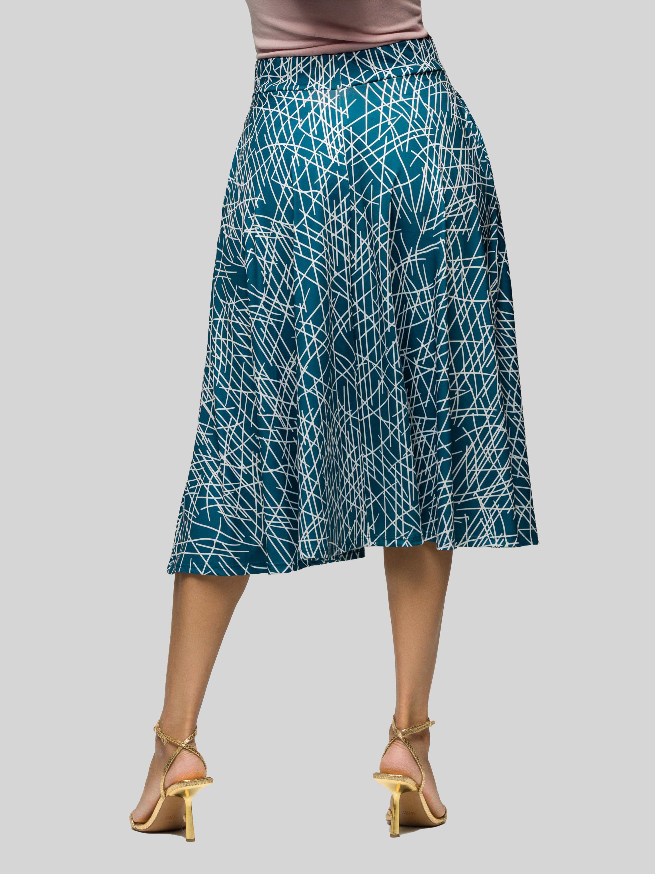 Womens Teal Geometric Print Elastic Waist Pocket Midi Skirt