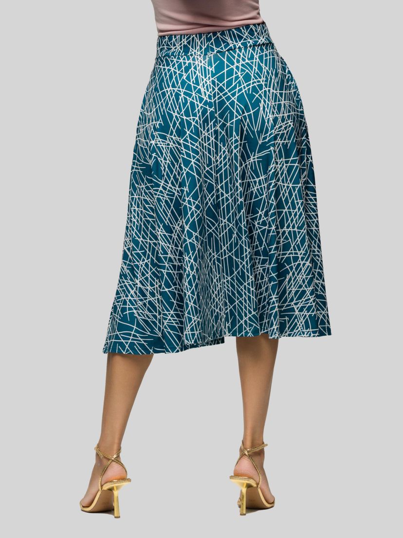 Womens Teal Geometric Print Elastic Waist Pocket Midi Skirt