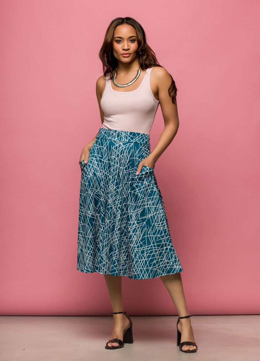 Womens Teal Geometric Print Elastic Waist Pocket Midi Skirt