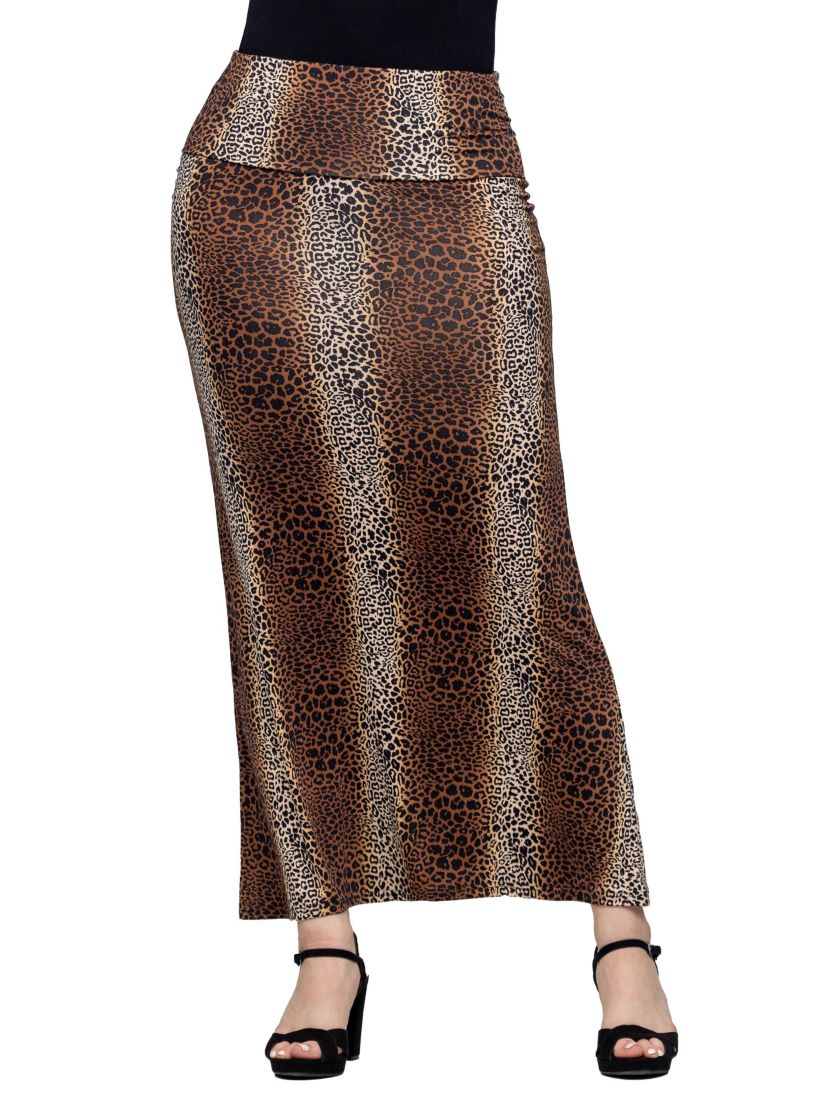24seven Comfort Apparel Womens Animal Print Foldover Waist Maxi Skirt