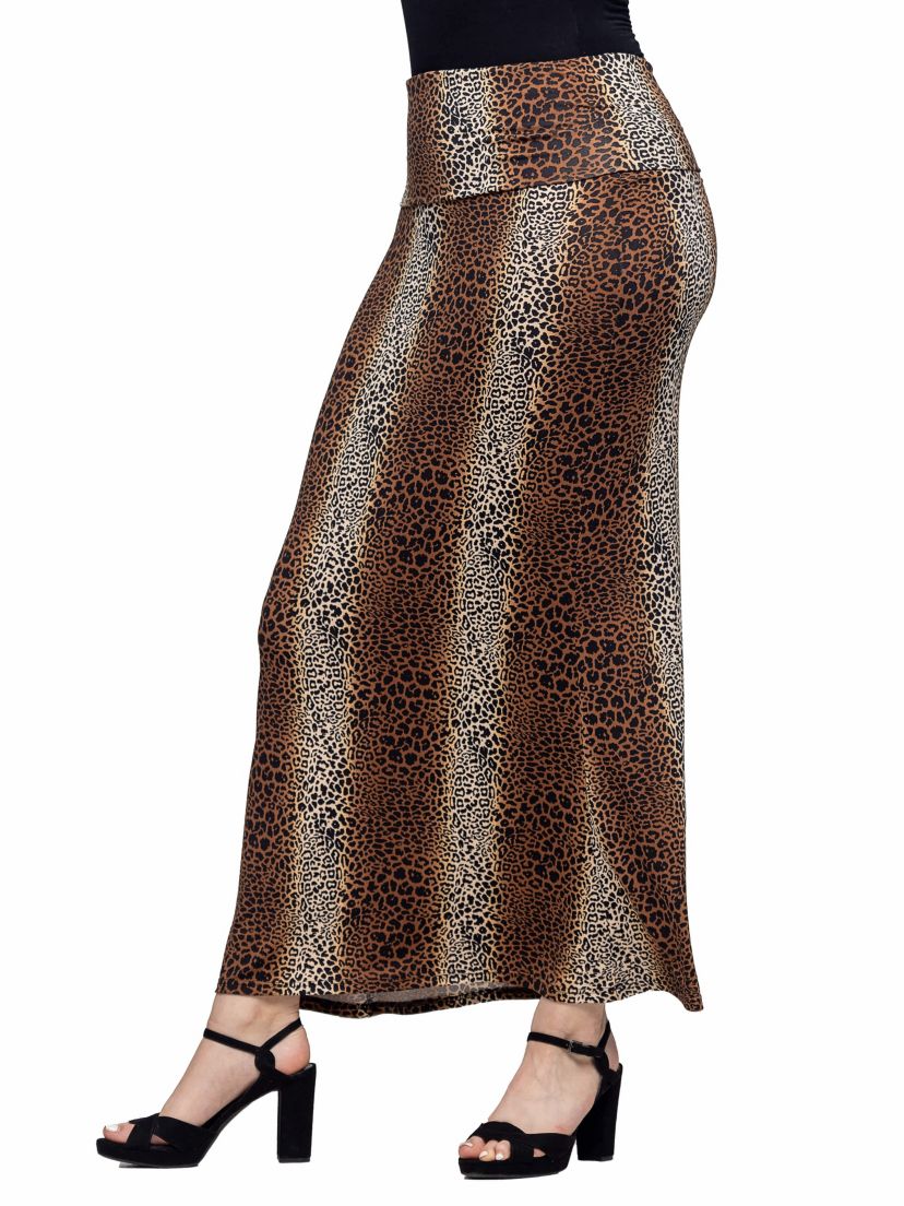 24seven Comfort Apparel Womens Animal Print Foldover Waist Maxi Skirt