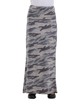 24seven Comfort Apparel Essential Womens Soft Stretch Camouflage Elastic Waist Maxi Skirt