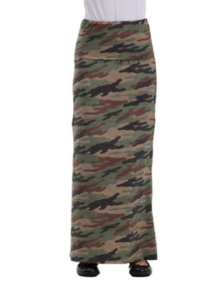 24seven Comfort Apparel Essential Womens Soft Stretch Camouflage Elastic Waist Maxi Skirt