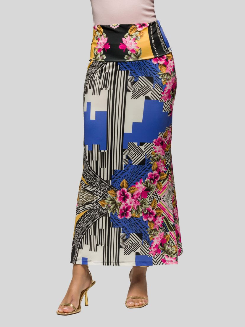 Womens Multicolor Floral Print Foldover Waist Maxi Skirt