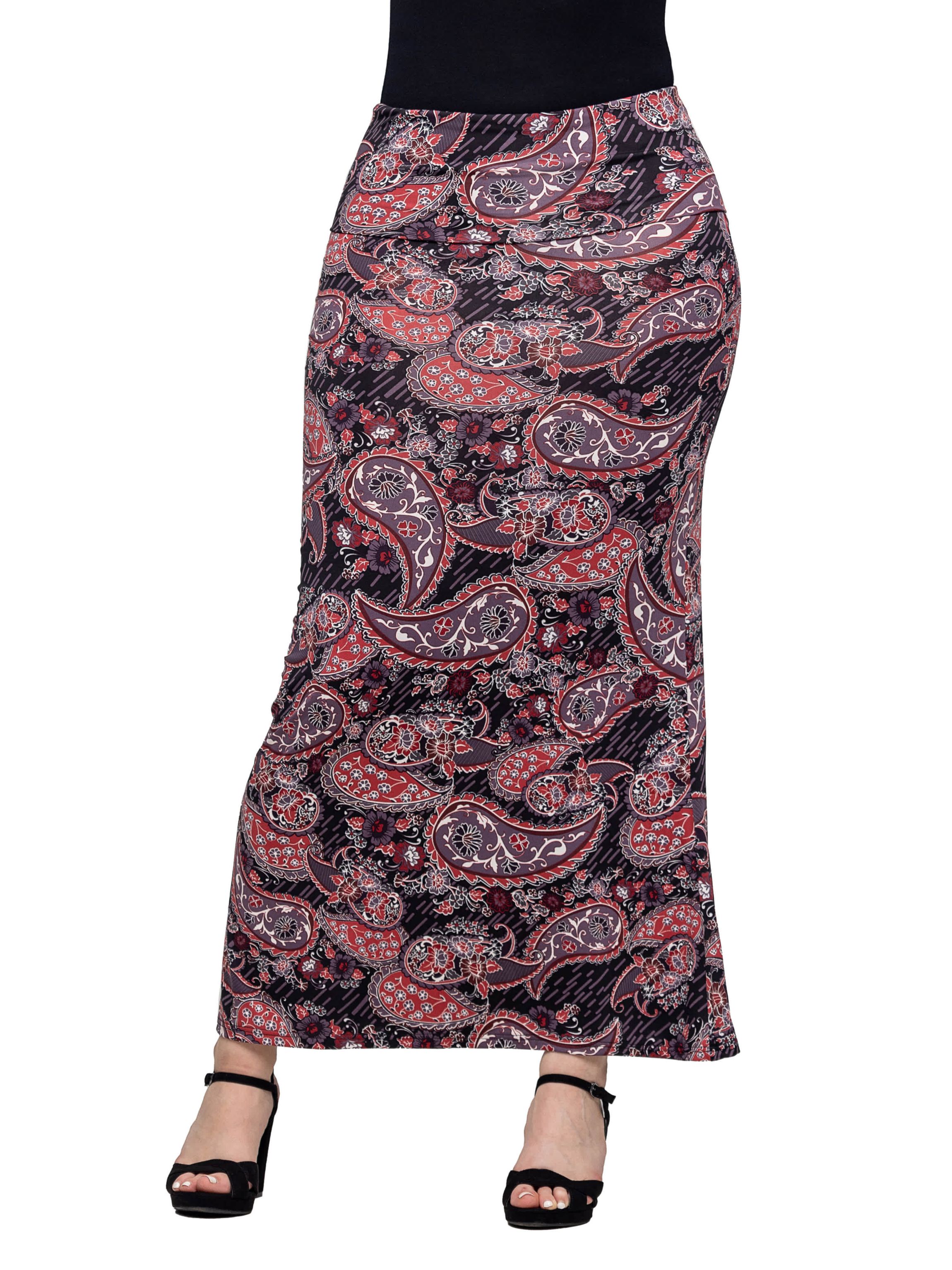 24seven Comfort Apparel Womens Paisley Print Fold Over Waist Maxi Skirt