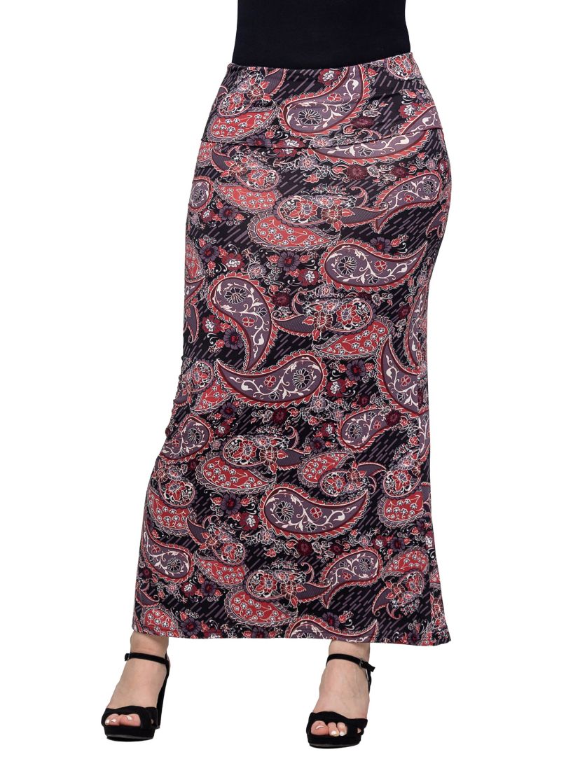 24seven Comfort Apparel Womens Paisley Print Fold Over Waist Maxi Skirt