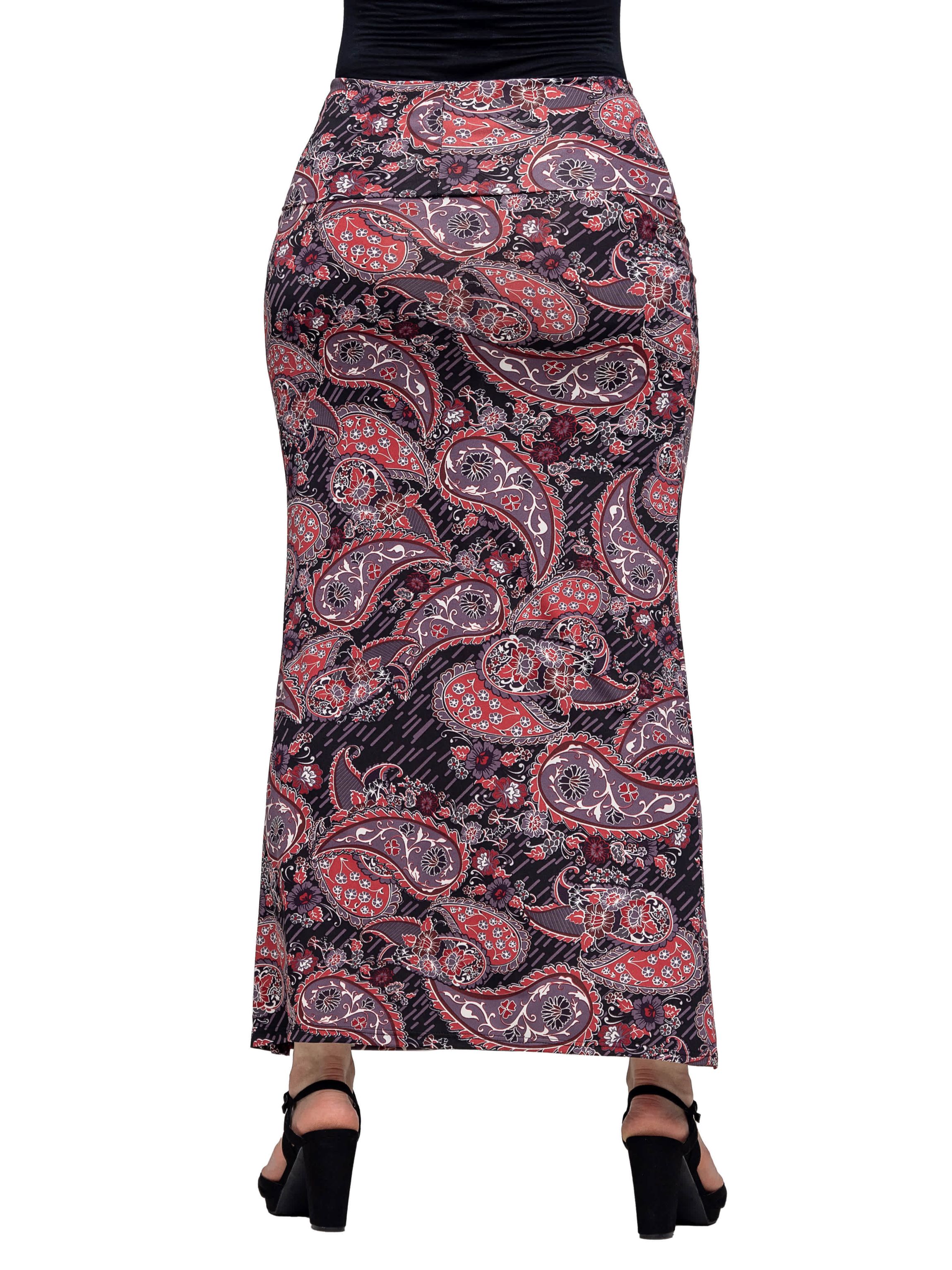 24seven Comfort Apparel Womens Paisley Print Fold Over Waist Maxi Skirt