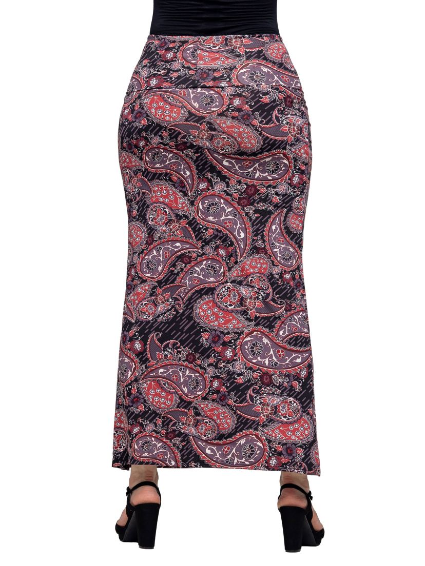 24seven Comfort Apparel Womens Paisley Print Fold Over Waist Maxi Skirt