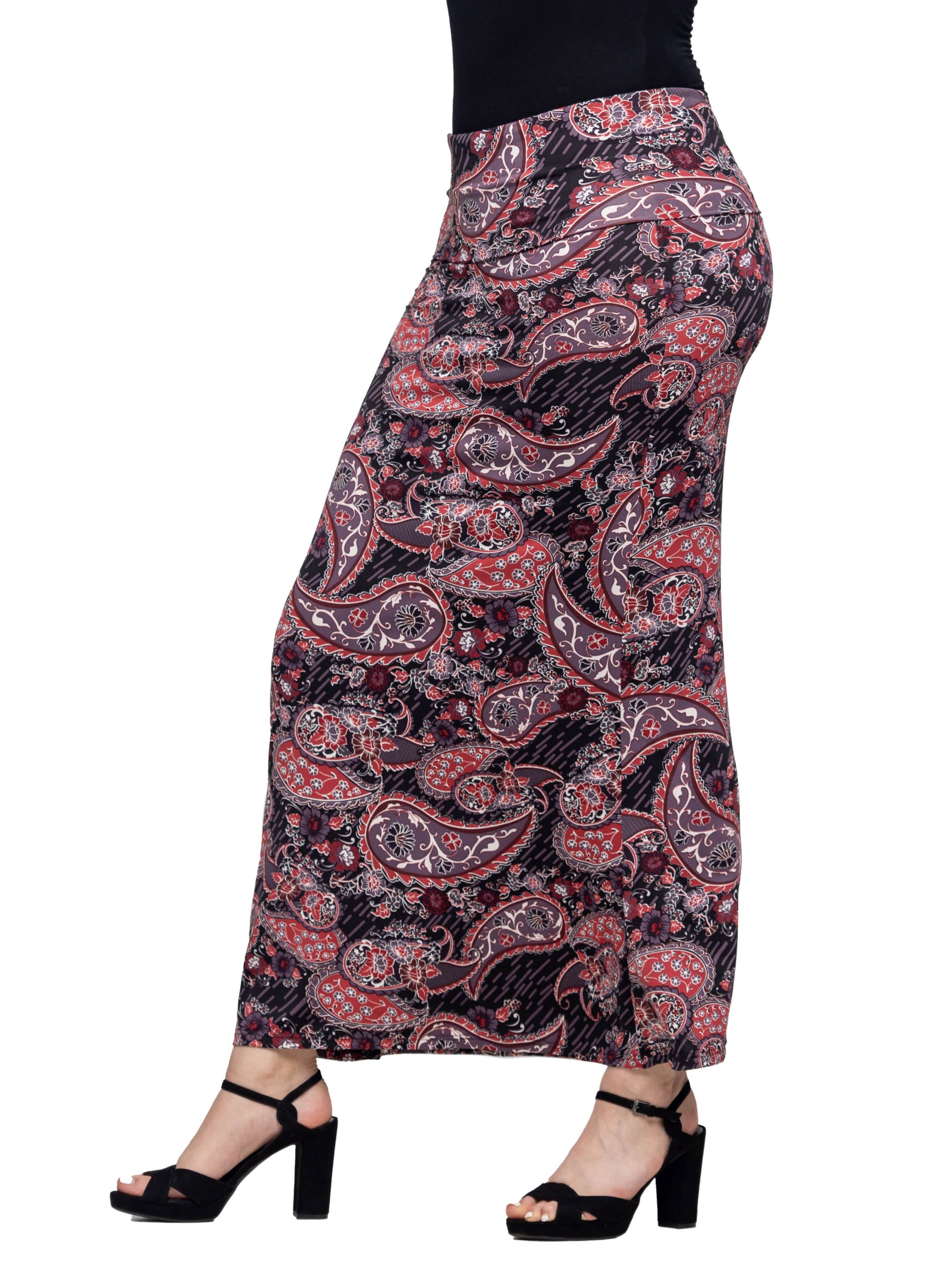 24seven Comfort Apparel Womens Paisley Print Fold Over Waist Maxi Skirt
