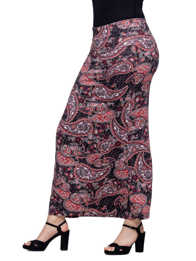 24seven Comfort Apparel Womens Paisley Print Fold Over Waist Maxi Skirt