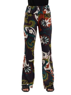 24seven Comfort Apparel Essential Womens Paisley Floral Bell Bottom Foldover Waist Sweatpants