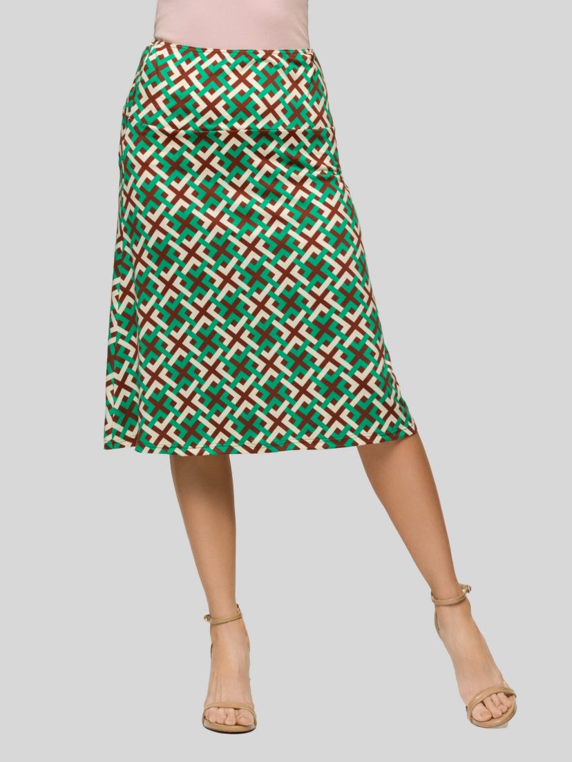 Womens Green Geometric Print Comfortable Elastic Waist Knee Length Skirt