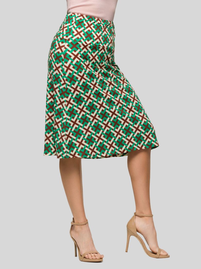 Womens Green Geometric Print Comfortable Elastic Waist Knee Length Skirt