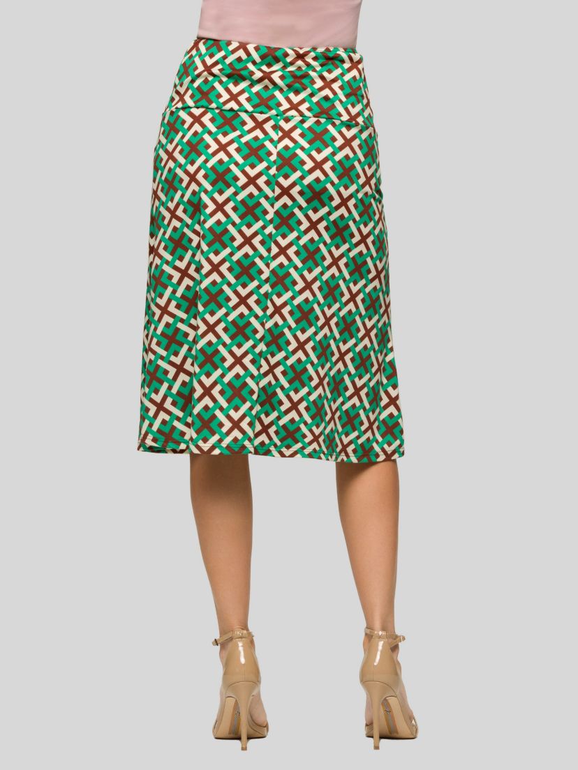 Womens Green Geometric Print Comfortable Elastic Waist Knee Length Skirt