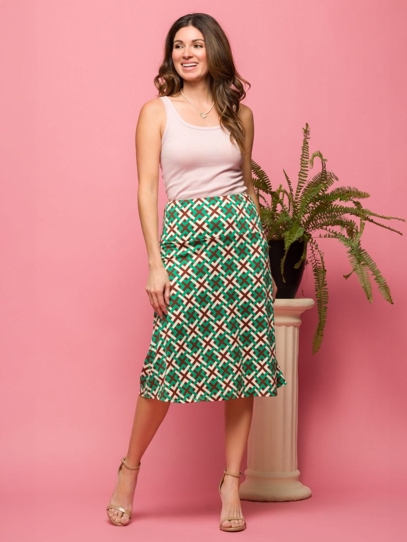 Womens Green Geometric Print Comfortable Elastic Waist Knee Length Skirt